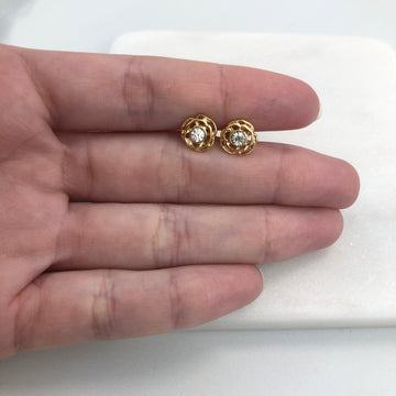 18K Gold Layered Oro Laminado Clear Rhinestone In Cut Out Flower Design Push Back Earrings 21.0574/1